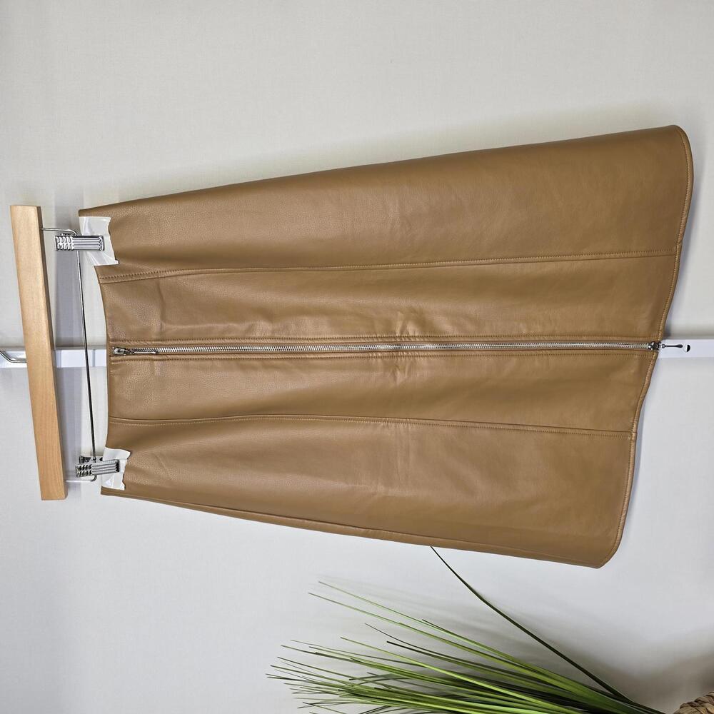 French Connection Faux Leather A-Line Skirt Camel Tan Size 6 Zip‎ Front Midi